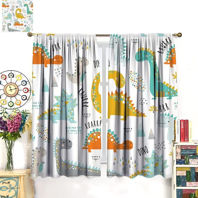 Dinosaur Curtains for Kids Boys Girls Home Decor Childish Cute Dino Animals Print Pattern Rod Pocket Blackout Window Drapes for Nursery Baby Bedroom Playroom W21xL45in 2 Panels