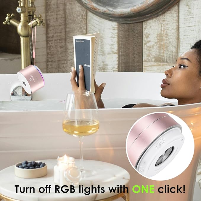Mini Bluetooth Shower Speaker, IPX6 Waterproof Speaker, with RGB Lights, Mic, Portable Silicone Lanyard, Suction Cup, Clear Sound&Rich Bass, 12h Playtime, Small Pink Gifts for Girls Women