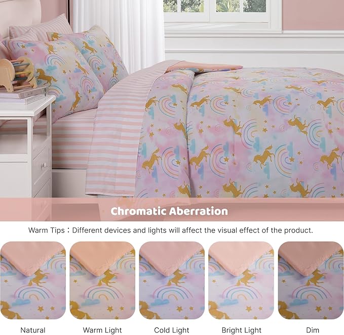 Full Size Comforter Sets with Sheets for Girls-7 Pieces Full Size Bedding Sets with Pink Comforter, Sheets, Pillowcases & Shams for Kids (Gold Unicorn, 76" X 86")