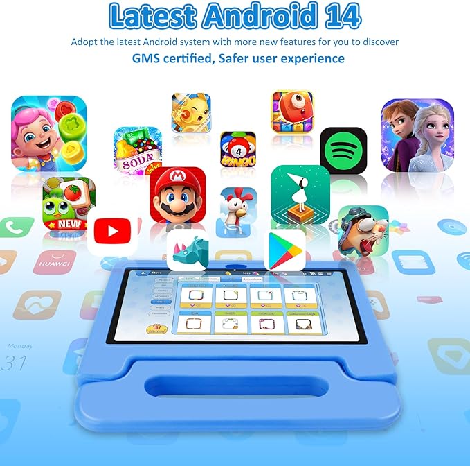 Tablet for Kids, 10.1 inch IPS HD Touchscreen Android 14 64 GB Storage, 8GB RAM, Octa Core Kids Tablet, Parental Controls, 12-hr Battery, WiFi, GPS - Blue