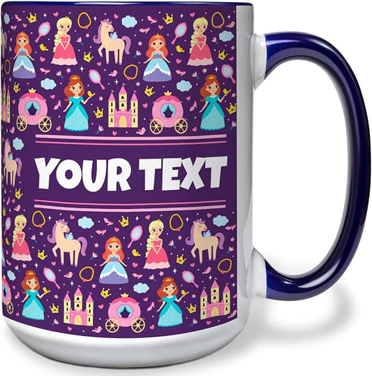 Personalized Mug for Kids - Princesses - Custom Name/Text, Ceramic Hot Chocolate/Cocoa/Coffee Cup for Girls, Birthday/Christmas/Holiday Gift - 15 oz, Navy Blue Handle