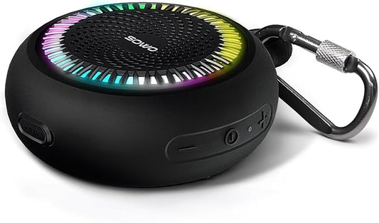 SOWO Shower Speaker Bluetooth Waterproof | Small Portable Wireless Bluetooth Speaker with Clip | Powerful Bass and Louder Volume | Colorful Lights and Lightweight | for Bathroom,Travel,Beach | Black