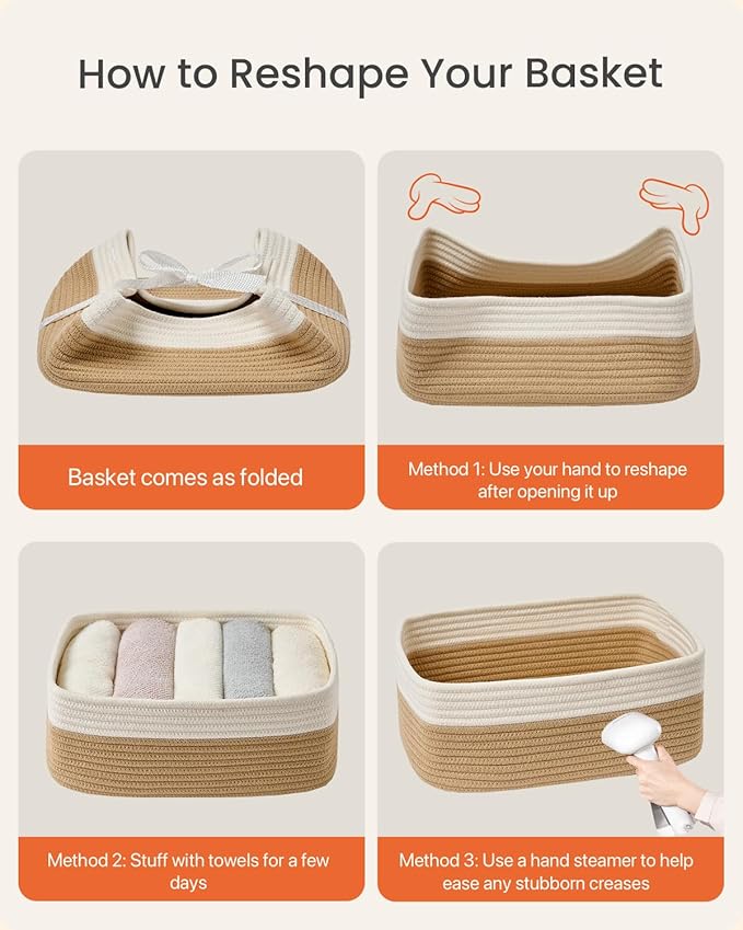 KALLAX Small Woven Basket, 13.5 x 9.5 x 5 Inches, Storage Basket for Organizing, Cute Small Rope Shelf Closet Cube Storage Bins Baskets for Shelves, Dog Toy Gift Baskets Empty, 3 Pack White & Brown