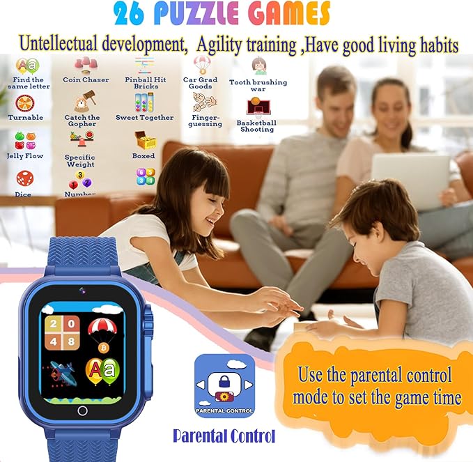 Goodatech Kids Smart Watch for Boys Girls, 1.54'' Smartwatch with 26 Puzzle Games,HD Camera,Video Music Player,Pedometer,Flashlight,Audio Book etc., Aluminum Case and Sport Band (Blue)