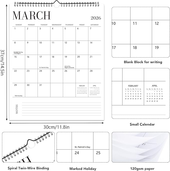 Wall Calendar 2026-2027, 18 Month Calendar from January 2026 to June 2027 14.5" x 11.8" Large Desk Calendar with Twin-Wire Binding for Home Office Planning Personal Organisers, Blank Style