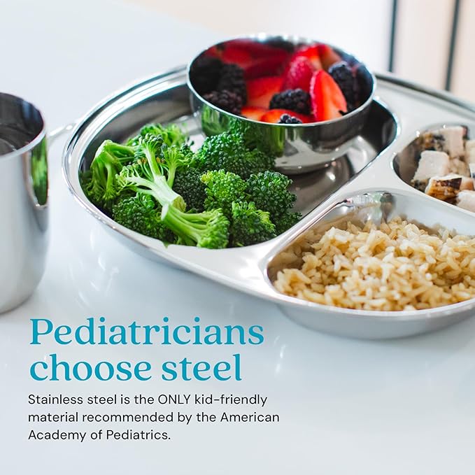 Ahimsa Stainless Steel Kids Dinnerware Set - 5 Piece Toddler Plates and Bowls Set, Pediatrician Designed, Includes Non Toxic Toddler Plate and Bowl, Kids Utensils and Cup (Classic Stainless Steel)