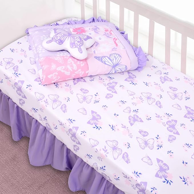 Cloele Crib Bedding Set for Girls, 3 Pieces Floral Butterfly Baby Bedding Set -Includes Comforter Fitted Sheet Crib Skirt,Standard Size Nursery Baby Crib Set for Girls,Purple