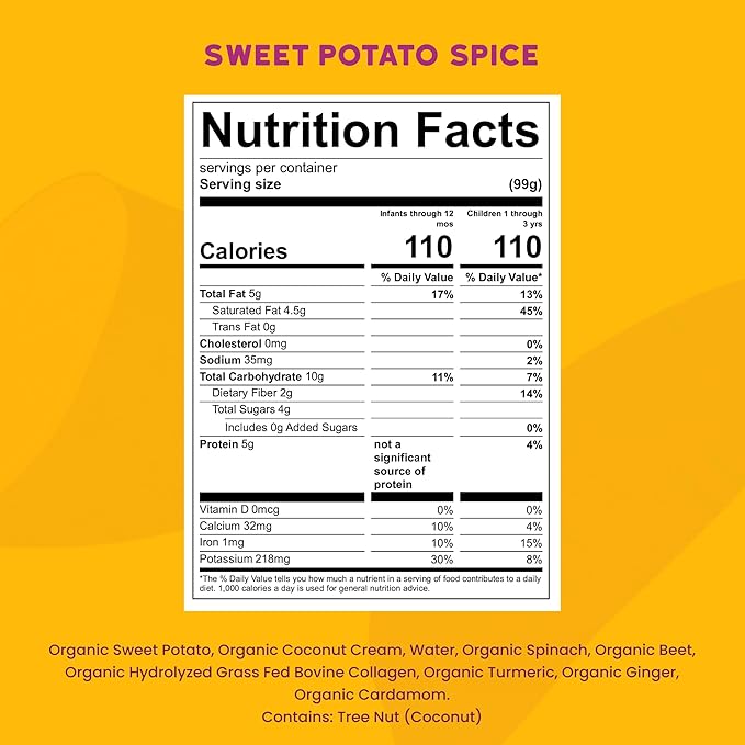 Serenity Kids 6+ Months Dairy-Free Smoothie Baby Food | USDA Organic | Grass Fed Collagen Protein | 3.5 Ounce BPA-Free Pouch | Sweet Potato Spice | 12 Count