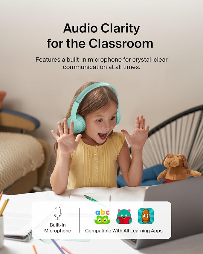 Belkin SoundForm Mini - Wireless Bluetooth Headphones for Kids with 30H Battery Life, 85dB Safe Volume Limit, Built-in Microphone - Kids On-Ear Earphones for iPhone, iPad, Fire Tablet & More - Mint