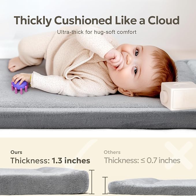 Large Thick 1.3" Thick Baby Play Mat for Floor, Padded Foam 79x71 Playpen Mat for Tummy Time, Soft Velvet for Babies, Toddlers, Infants, Kids, Baby-Safe & Non-Slip for Crawling, Gray