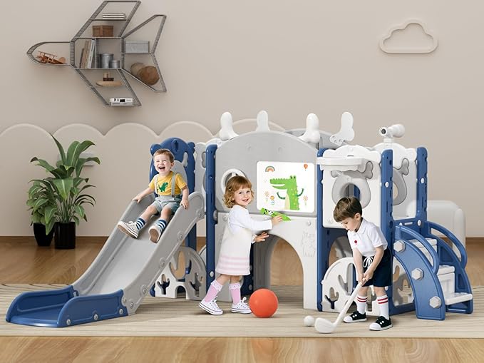 XJD 13 in 1 Toddler Slide Set, Kids Slide for Toddlers Age 1+, New Upgrade with Golf Set, Basketball Hoop, Drawing Board for Indoor Outdoor Playset,Toddler Playground (Blue Gley)