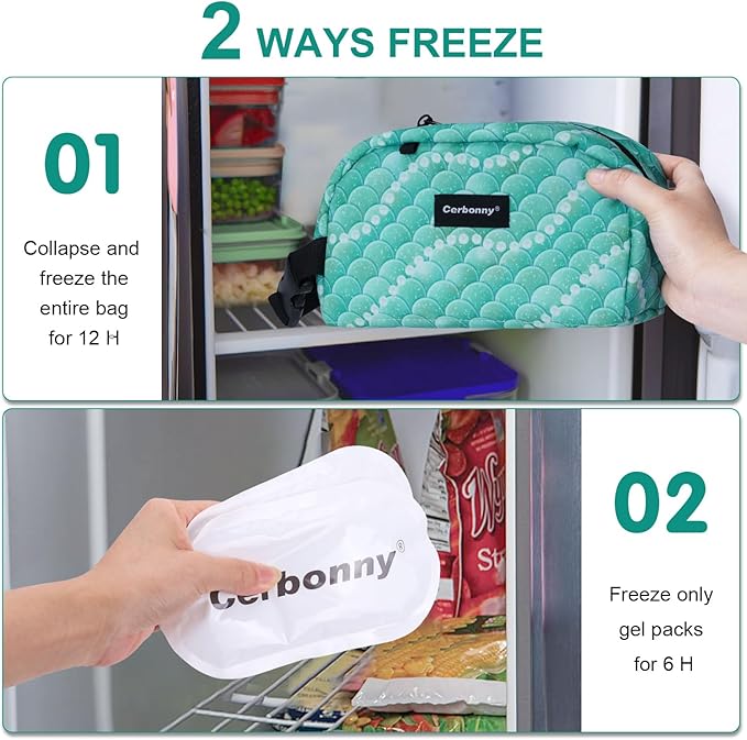 Cerbonny Small Insulated Lunch Bag (Green-Fish, 12.0 quarts) - Freezer Safe, Mini Cooler Bag for Work School Travel, Fits Yogurt, Suitable for Kids/Adults