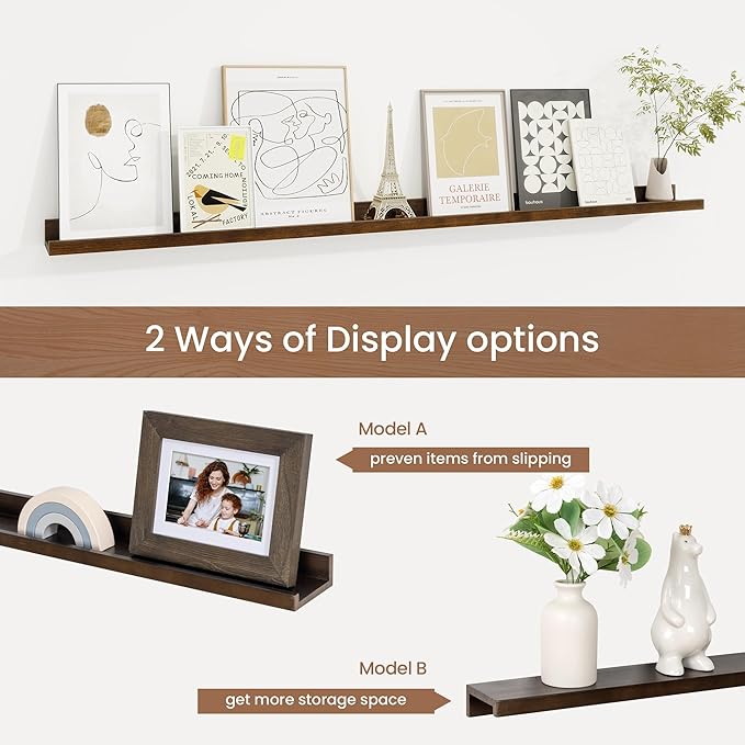 Picture Ledge Shelf, Solid Pine Wood Floating Shelves Set of 2, 48 Inches Nursery Book Shelves for Toys Storage, Kids Bookshelf Wall Mounted for Living Room Bedroom Decor Books Photo Frames, Walnut