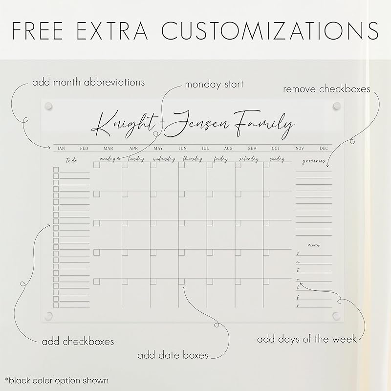Personalized Clear Acrylic Calendar for Wall, Calendar Whiteboard for Wall, Dry Erase Wall Calendar, Wall Calendar Organizer System for Home (Cursive, Black, 38"W x 26"H)