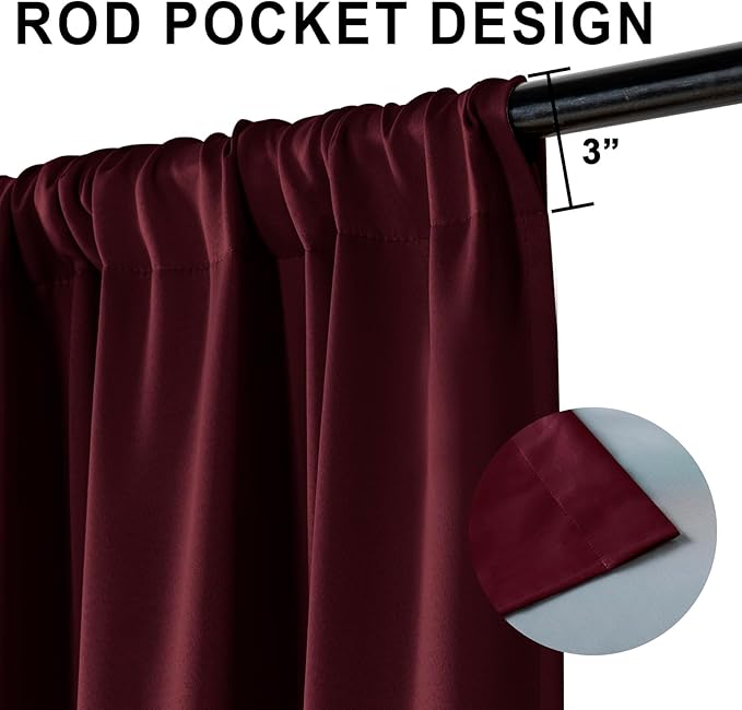 XWZO 100% Blackout Window Curtains - Thermal Insulated & Noise Reduction Black Liner Rod Pocket Window Treatment Sewn with Tiebacks for Bedroom/Living Room, Burgundy, W52 x L45, Set of 2