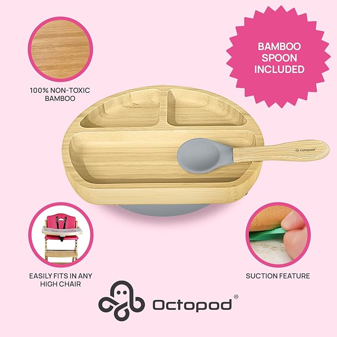 Abiie Octopod Bamboo Dish - Kids Plates for 4 months and up, 3-Compartment Baby Plates with Suction, Triangle Bamboo Baby Plate, Mess-Free Toddler Suction Plates, Baby Feeding Supplies, 8.3x1.9x7.7 in