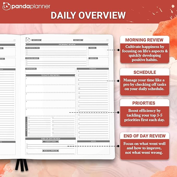 Panda Planner Pro 2025-2026 – Daily, Weekly & Monthly Planner for Productivity – Large 8.5x11 Undated Day Planner, Goal Planner, Project Organizer & Habit Tracker Notebook – Orange
