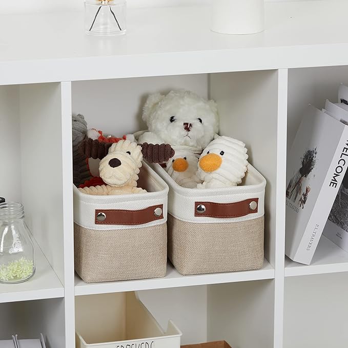 DULLEMELO 2-Pack Bathroom Baskets for Toilet, Small Storage Bins for Organizing Closets, Cabinets, Shelves, Canvas Fabric Storage Basket Bins With Leather Handles for Empty Gift Basket (White&Khaki)