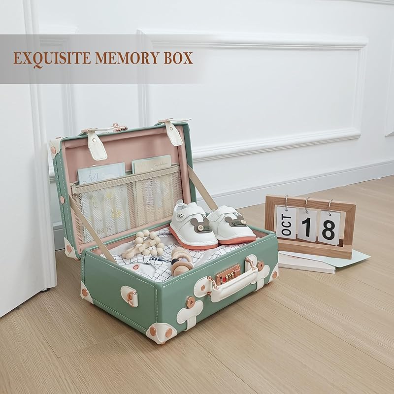 Unitravel Baby Keepsake Case, 13" Handmade Memory Storage Box, Newborn Keepsake Box, Vintage Suitcase for Baby Shower, Baptism, Naming Ceremony or Birthday (mint green)