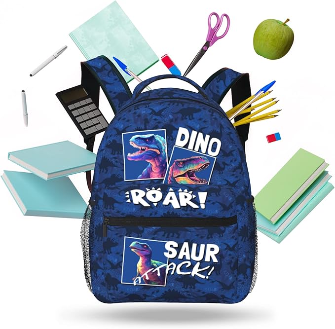 Dinosaur Backpack for Kids Boys Girls, ROAR! DINO SAUR ATTACK! Cartoon Dinosaur Pattern School Bag, Lightweight Ergonomic Durable Bookbag for Age 5-12, Ideal for School Outdoor Travel Daypack