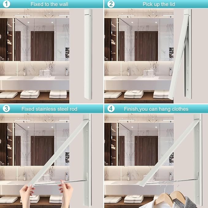Wall Mounted Drying Rack - No Drill Installation, Space Saving Foldable Clothes Rack for Laundry Room, Dorm, Apartment,RV, Closet. Heavy Duty & Rustproof Aluminum Alloy (White)