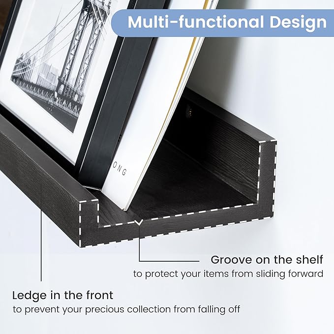 Picture Ledge Shelf, Floating Shelves Set of 2, Solid Pine Wood 55'' Long Large Nursery Book Shelves for Toys Storage, Kids Bookshelf for Living Room Bedroom Decor Books Photo Frames, Black