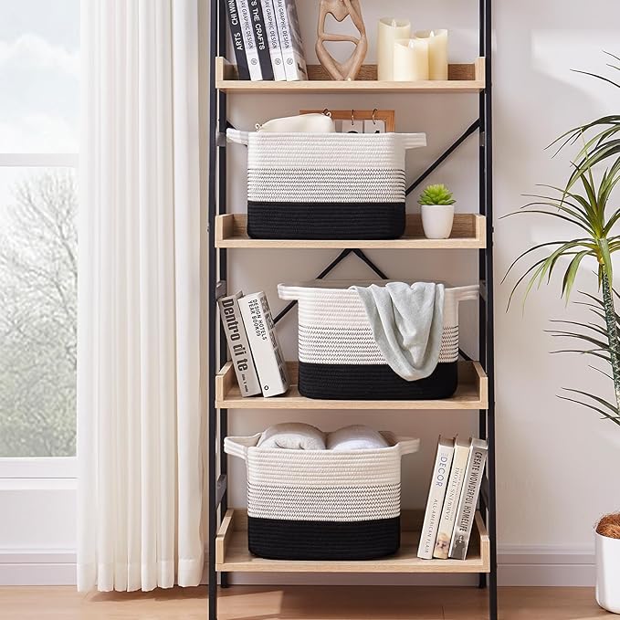 Storage Baskets for Organizing, Woven Baskets for Shelves, Rectangle Decorative Organizer for Storage Clothes, Toy, Books, Towels Nursery Bins 3 Pack (Gradient Black)