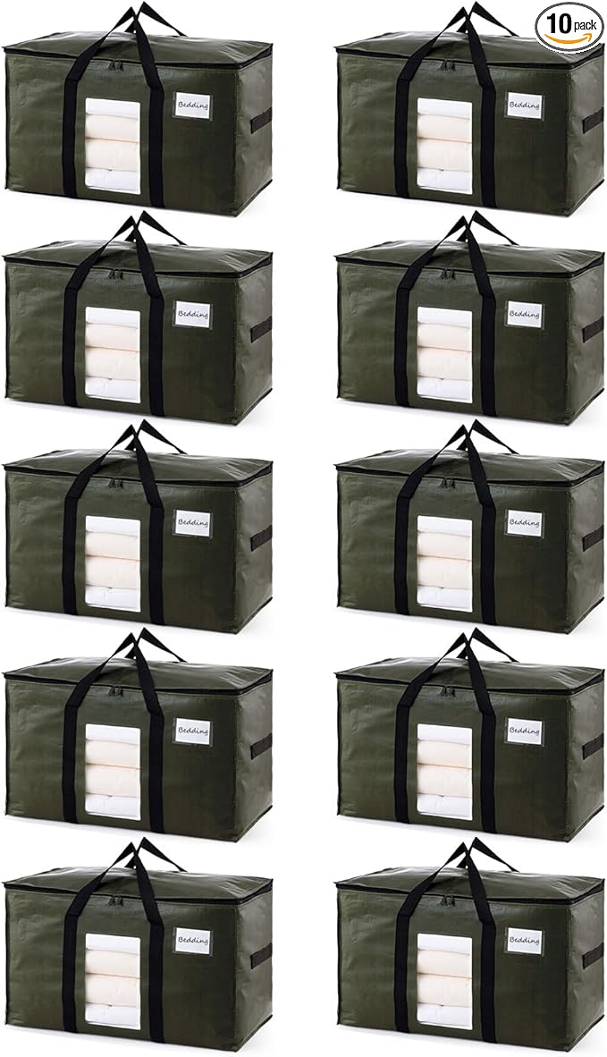 TAILI 10 Pack Green Extra Large Storage Bags, Heavy Duty Totes with Visible Window, Wrap Around Handles, Perfect for Moving