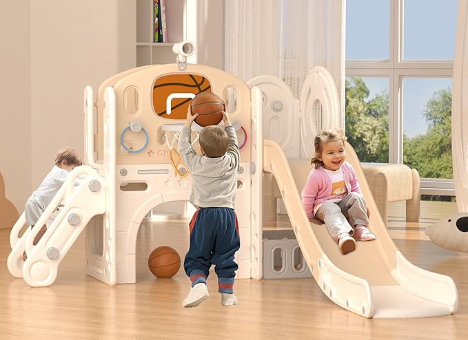 YUFU 9 in 1 Toddler Slide Set, Kids Slide for Toddlers Age 1-3, Toddler Playset with Basketball Hoop and Ball, Outdoor Indoor Playground for Toddlers 1-3 (Beige+Coffee)