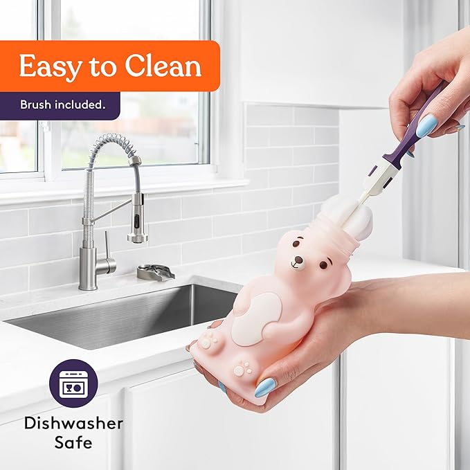 Special Supplies Honey Bear Straw Cup Long Straws, Squeezable Therapy and Special Needs Assistive Drink Container, Spill Proof and Leak Resistant Lid (Pack of 1 Bottle and 3 Straws) (Pink)