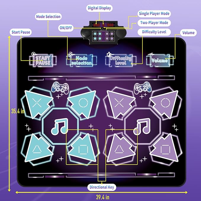 Toys Double Dance Mat for Kids, Boys & Girls Toys Ages 3 4 5 6 7 8+ Year Old Gifts Ideas for Electronic Dance Challenge Palymat, Single & Double Player Game Modes, Easter Gifts for Boys Girls