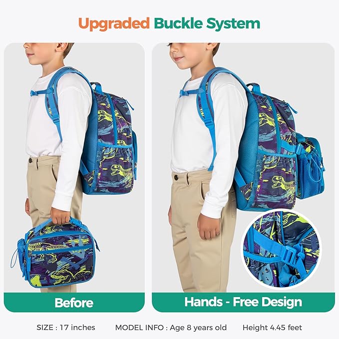 Choco Mocha Dinosaur Backpack for Boys, Elementary School Backpack for Boys Ages 6-8 Kids Kindergarten Backpack Bookbag 17 Inch with Chest Strap, Blue