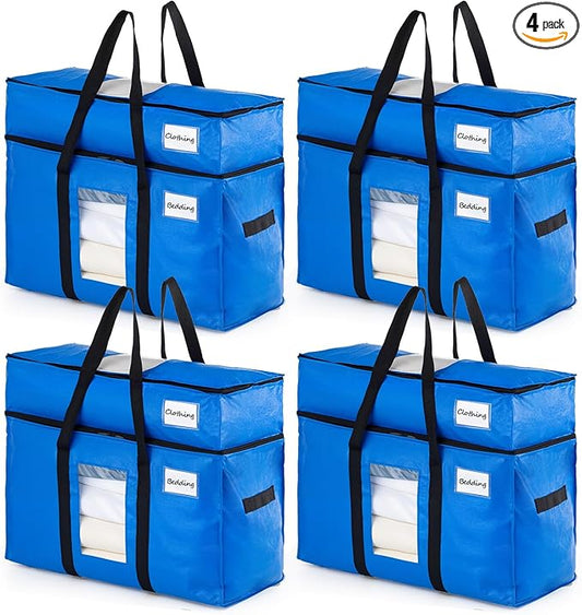TAILI 2 Tier Extra Large Moving Bags, 4 Pack Blue Heavy Duty Totes For Storage with Visible Window, Wrap Around Handles, Storage Bags for Space Saving, Alternative to Moving Boxes