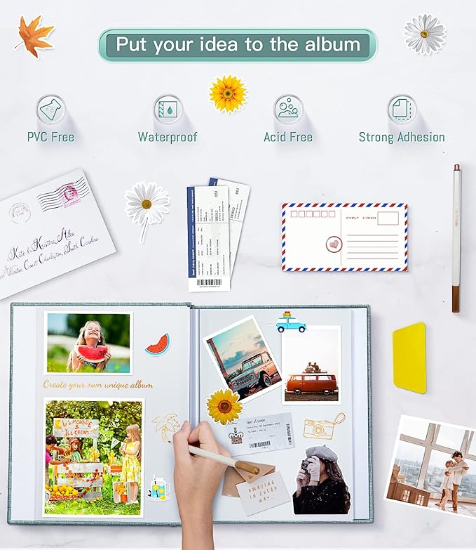 popotop Photo Album Self Adhesive with Picture Display Window,40 Pages DIY Scrapbooking Supplies Kit for 4x6 8x10 Picture,Linen Cover Memory Book for Baby Wedding, with Scraper and Metallic Pen