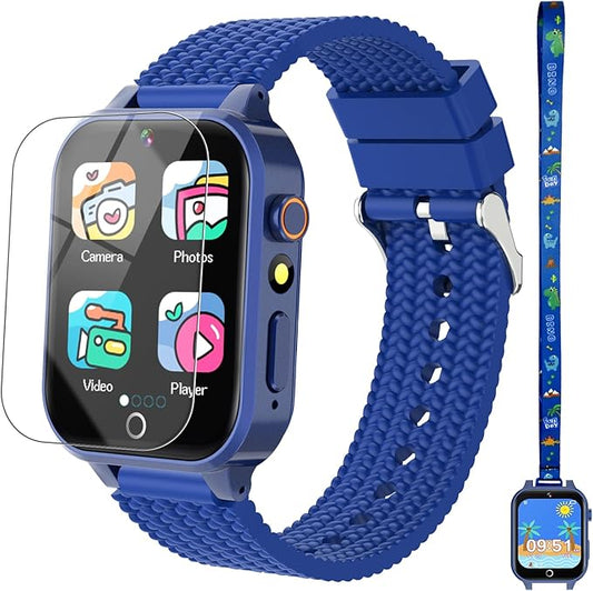 Smart Watch for Kids Boy Gift Ages 3-12, 2 Screen Protector, 26 Puzzle Games, HD Camera Video Music Player Touchscreen Pedometer, Educationtal Toy Brithday Gifts for Boy Ages 4 5 6 7 8 9 10(Blue)