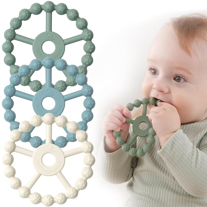 3 Pack Ring Teether Baby Infant Toys, Baby Essentials, Silicone Teething Ring Toys for Babies 0-6 Months, Seposeve Toddler Teethers 6-12 Months 12-24 Months, Infant Teething Relief, Green Blue White
