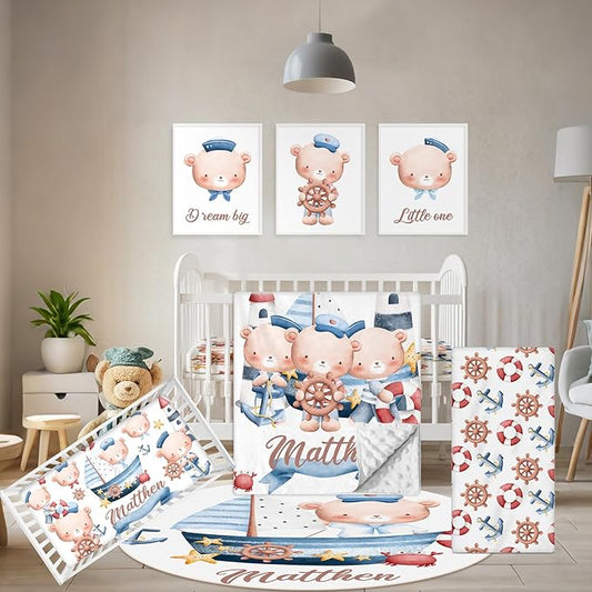 Custom Baby Bedding Set, 5 Pcs Customized Nursery Bedding Set with Name, Comfortable Double Layer Crib Sets for Boys Girls, Personalized Gifts for Infants Toddlers New Parents, Sailing Bear