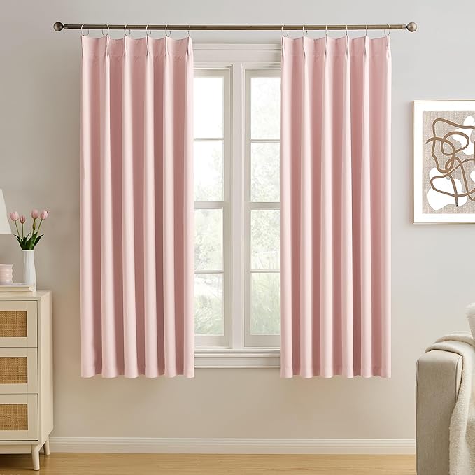 KEQIAOSUOCAI Pinch Pleated Pink Blackout Curtains 63 Inches Long, Sound & Light Reducing Room Darkening Drape for Girl's Bedroom(2 Panels, W40 x L63)