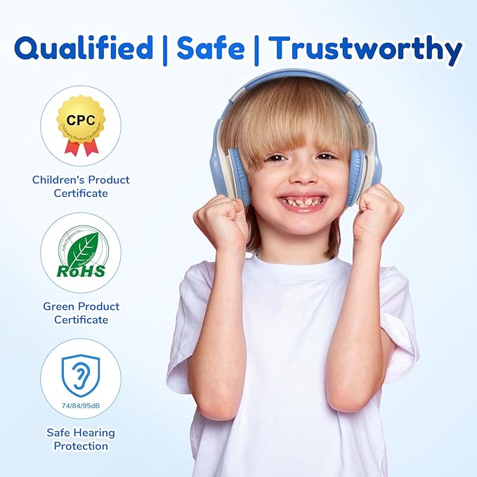 EarFun K2 Kids Bluetooth Headphones, Kids Headphones with Volume Limited, 40H Playtime, Built-in Mic, Stereo Sound, Foldable Over-Ear Headphone for School/Travel/iPad/Tablet, Sky Blue