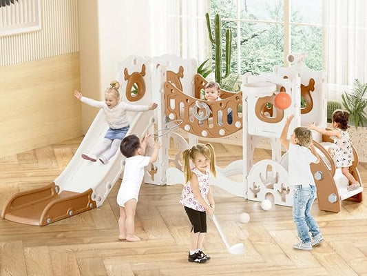 YUFU Toddler Slide Set, 11 in 1 Kids Slide for Toddlers 1-3, Toddler Playset with Climbing Bridge, Golf Set, Basketball Hoop, Indoor Outdoor Playground (Brown)