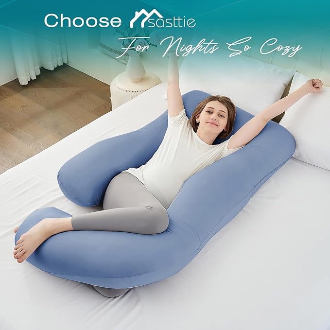 Sasttie Pregnancy Pillows for Sleeping, Jumbo U Shaped Cooling Full Body Pillow with Removable Cover, Pregnant Women Must Haves, Maternity Essential, Blue