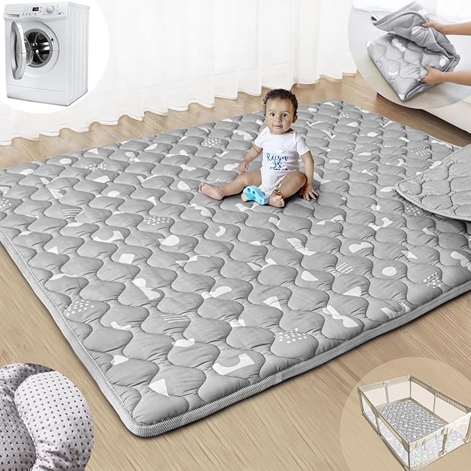 Baby Play Mats for Floor, 71”x59” Upgraded Thickness & Larger Super Soft Playmat for Babies and Toddlers, Foldable Washable, Upgrade Anti-Slip Crawling Mat for Playpen(Boho Gray)
