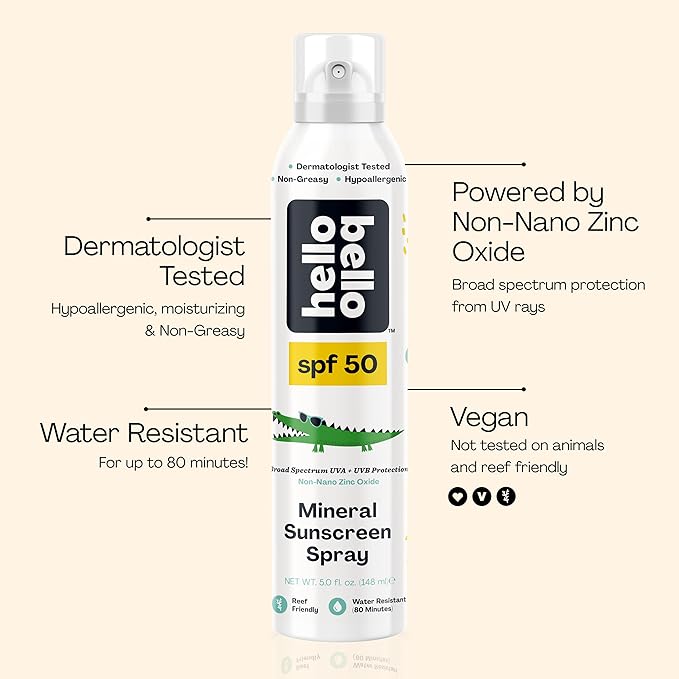 Hello Bello SPF 50 Kids Mineral Sunscreen Spray, Hypoallergenic Broad Spectrum UVA and UVB Protection, Reef Friendly and Water Resistant, 5 oz