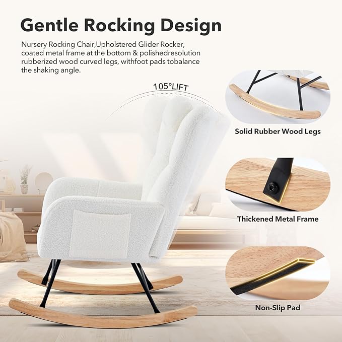 Nursery Rocking Chair,300Lb Glider Chair with Wood Legs/Two Side Pockets,Teddy Upholstered Glider Rocker with Padded Seat High Backrest for Living Room/Bedroom/Nursery