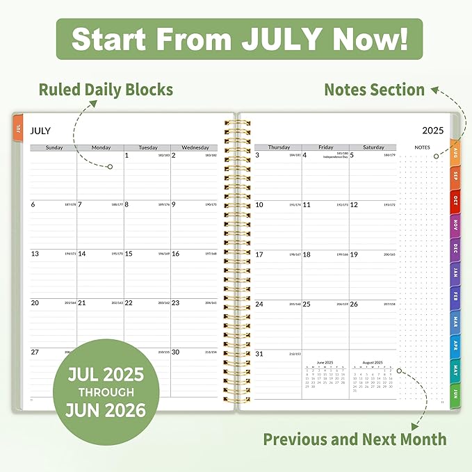 SUNEE Academic Planner 2025-2026 Weekly and Monthly, July 2025-June 2026, 8.5"x11", Tabs, Note Pages, Pockets, Bookmark, Flexible Cover, Spiral Binding, Sage Green