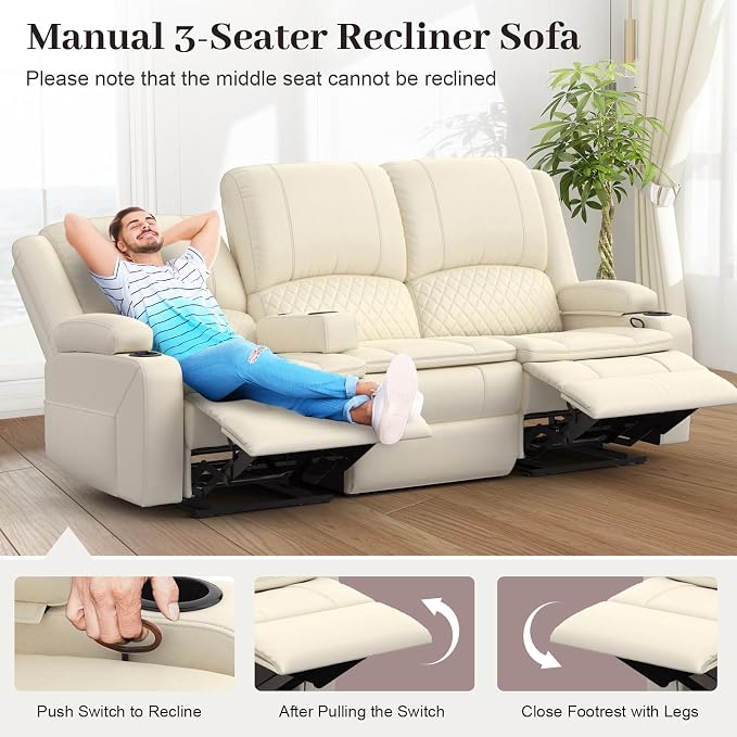 Yolsali 3-Seater Recliner Sofa, Manual Reclining Couch - Image 7