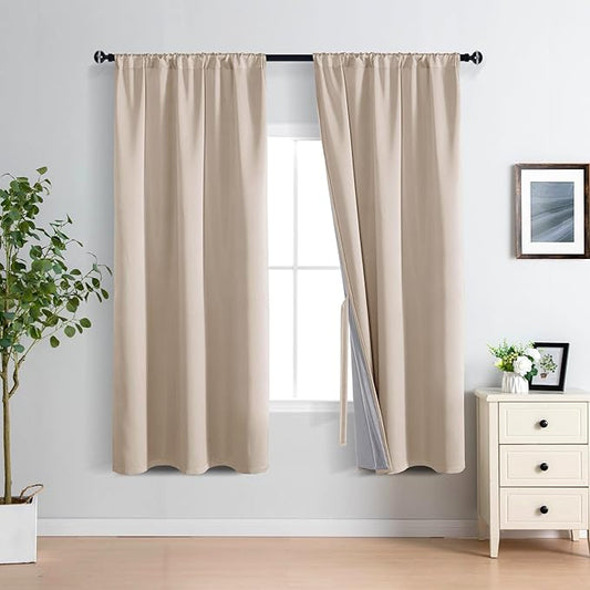 XWZO 100% Blackout Window Curtains with Tiebacks- Privacy Protection & Noise Blocking Window Draperies Rod Pocket with Black Liner for Bedroom/Living Room, Biscotti Beige, W42 x L72, Set of 2 Panels