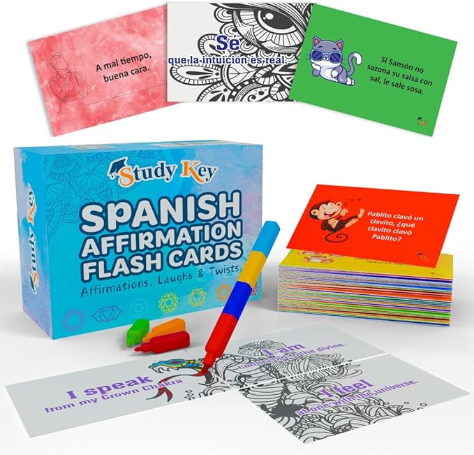 Spanish English Affirmation Motivational Cards for Women | Chakra Puzzles Coloring & Tongue Twisters Pharses Bilingual Flash Cards Learn Spanish and Heal