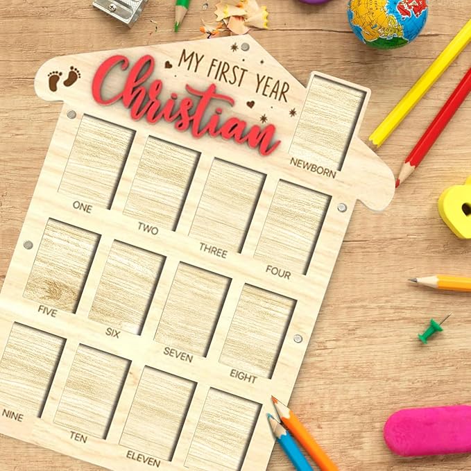 V-DECORPARKS Personalized My First Year Photo Frame | 12 Months Picture Frame For Baby First Year | Displays Thirteen 2x3 Pictures | Birthday Party Decor Newborn Memory Keepsake, House Shaped