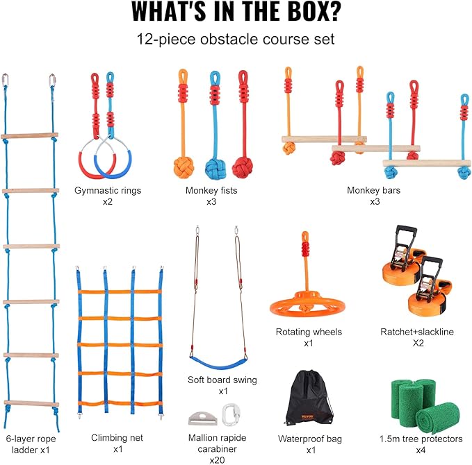 VEVOR Warrior Obstacle Course for Kids, 56FT Slackline with Gym Rings, Monkey Bars, Rope Knots, Portable Outdoor Course Training Equipment Set for Backyard